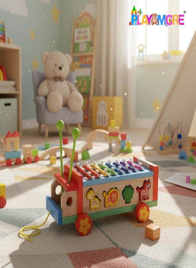 بلاي مور لعبة شاحنة موسيقية خشبية 3 في 1 من بلايمور مع إكسيليفون، مجموعة أدوات تعليمية للأطفال الصغار، ألعاب فرز الأشكال، ألعاب خشبية للأطفال بعمر سنة واحدة، إكسيليفون مكعبات للأطفال، لعبة تعليمية (12 شهرًا فأكثر) - Image 3